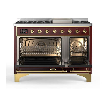 ILVE Majestic II 48 inch Solid Door Natural Gas Dual Fuel Range Brass Burgundy