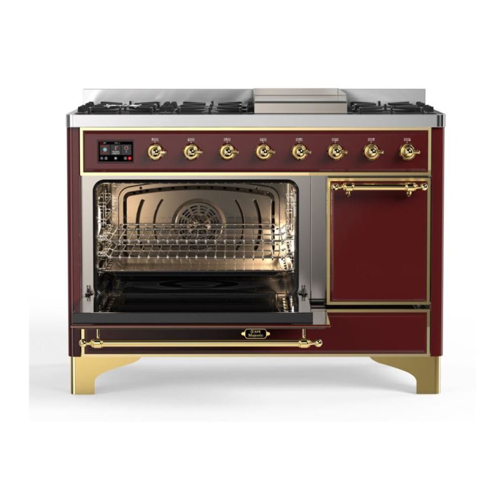 ILVE Majestic II 48 inch Solid Door Natural Gas Dual Fuel Range Brass Burgundy