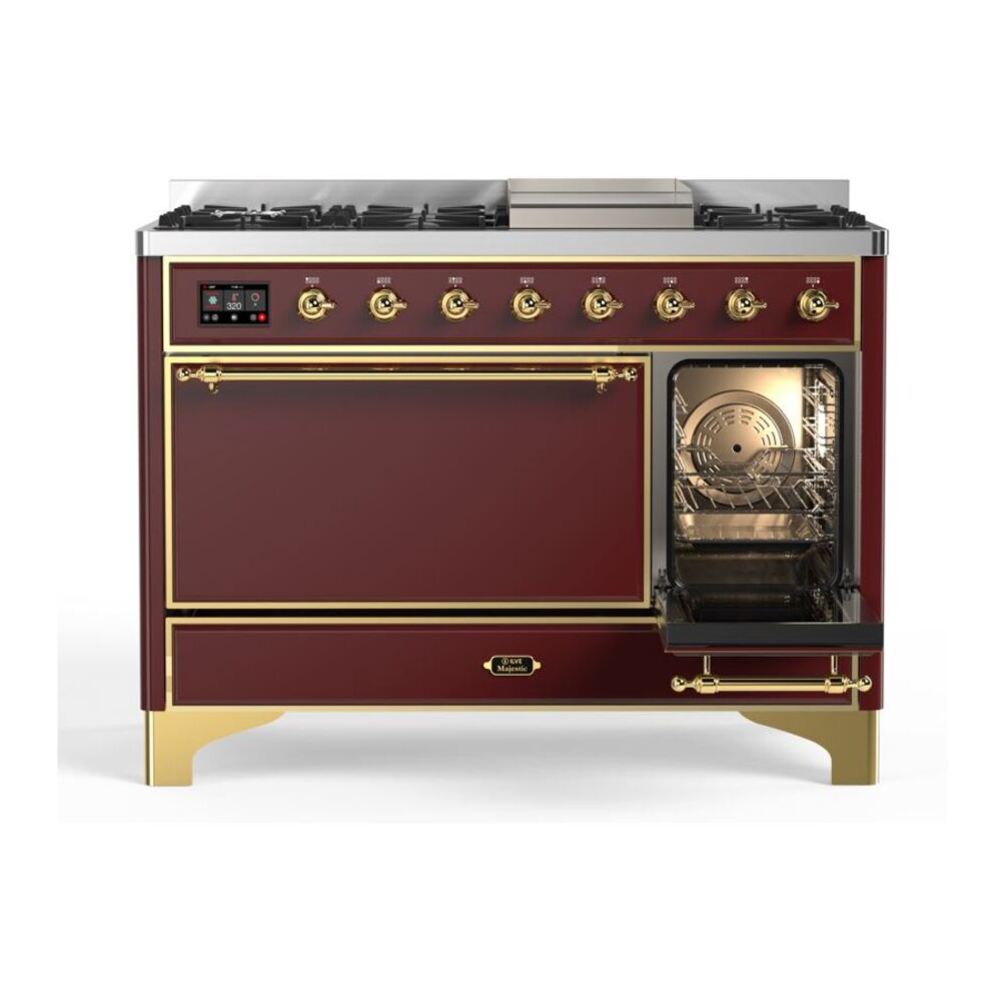 ILVE Majestic II 48 inch Solid Door Natural Gas Dual Fuel Range Brass Burgundy