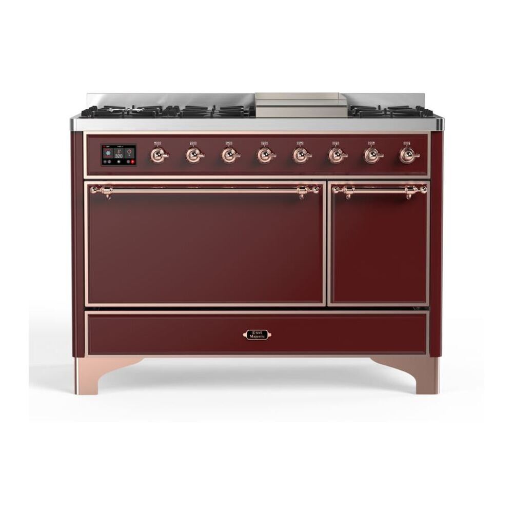 ILVE Majestic II 48" Burgundy Dual Fuel Range with 8 Burners and Griddle Solid Door Natural Gas
