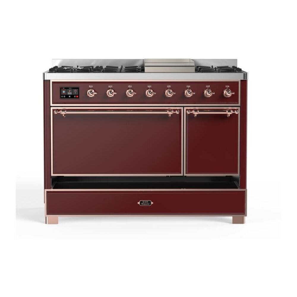 ILVE Majestic II 48 inch Solid Door Natural Gas Dual Fuel Range Copper Burgundy