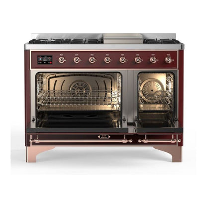 ILVE Majestic II 48 inch Solid Door Natural Gas Dual Fuel Range Copper Burgundy