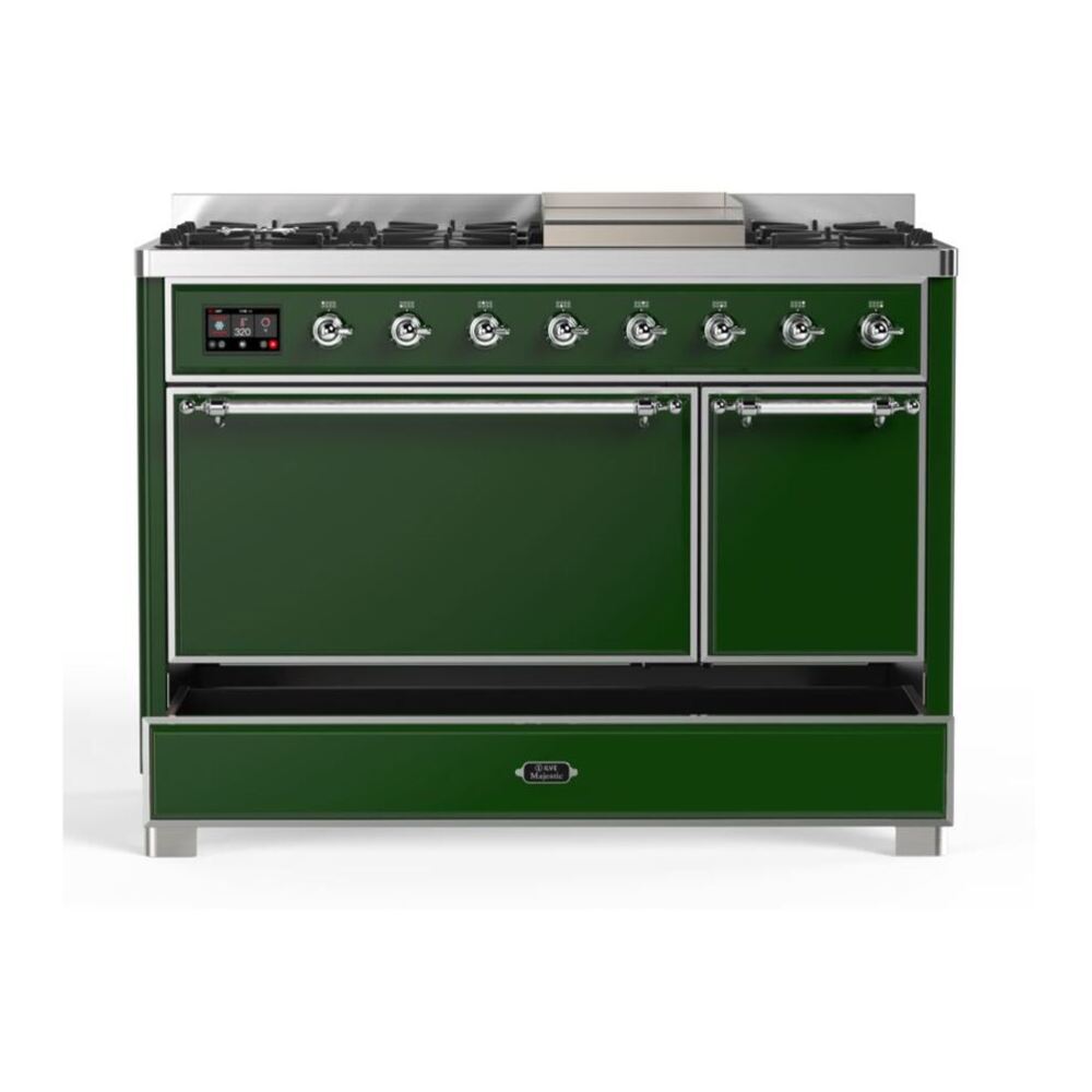 ILVE Majestic II 48 inch Solid Door Natural Gas Dual Fuel Range Chrome Emerald Green