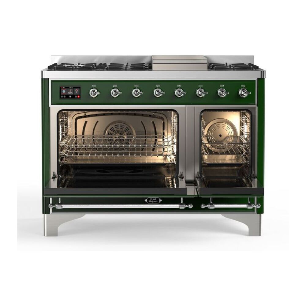 ILVE Majestic II 48 inch Solid Door Natural Gas Dual Fuel Range Chrome Emerald Green