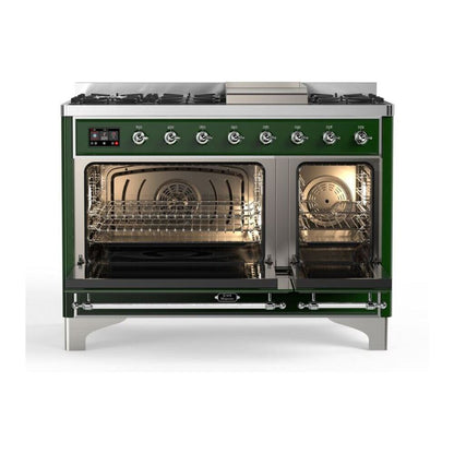 ILVE Majestic II 48 inch Solid Door Natural Gas Dual Fuel Range Chrome Emerald Green