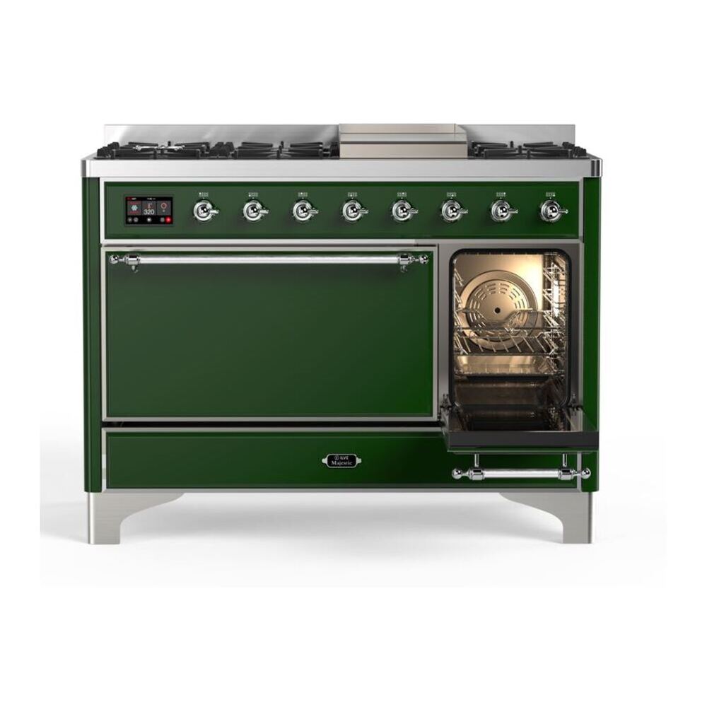 ILVE Majestic II 48 inch Solid Door Natural Gas Dual Fuel Range Chrome Emerald Green