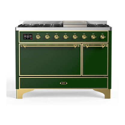 ILVE Majestic II 48 inch Solid Door Natural Gas Dual Fuel Range Brass Emerald Green