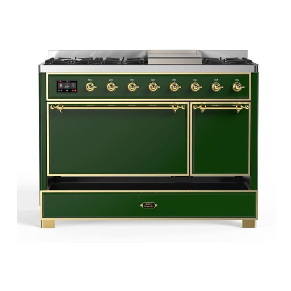 ILVE Majestic II 48 inch Solid Door Natural Gas Dual Fuel Range Brass Emerald Green