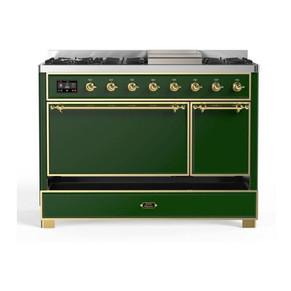 ILVE Majestic II 48 inch Solid Door Natural Gas Dual Fuel Range Brass Emerald Green