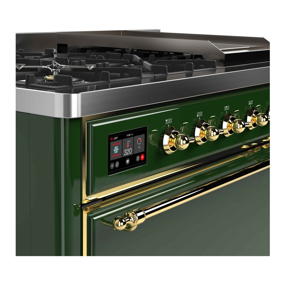 ILVE Majestic II 48 inch Solid Door Natural Gas Dual Fuel Range Brass Emerald Green