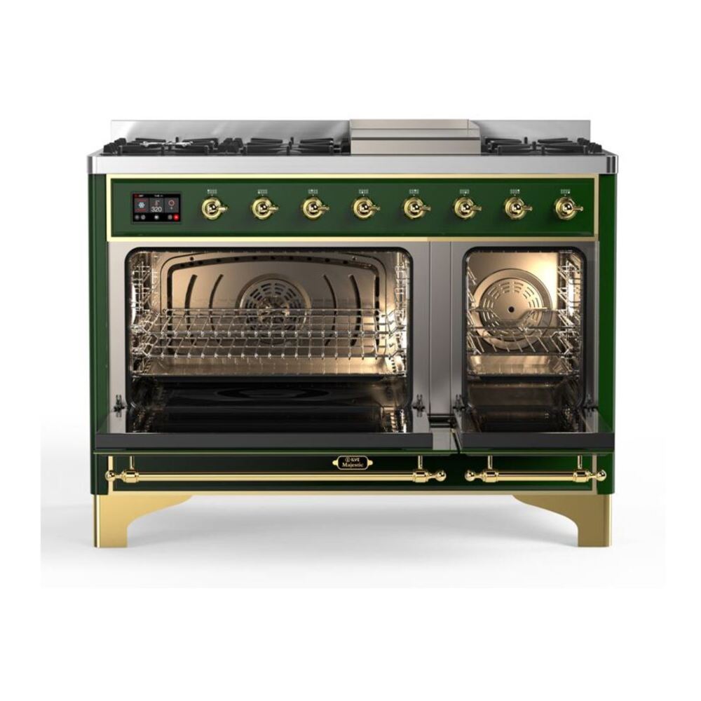 ILVE Majestic II 48 inch Solid Door Natural Gas Dual Fuel Range Brass Emerald Green