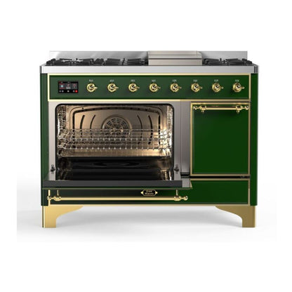 ILVE Majestic II 48 inch Solid Door Natural Gas Dual Fuel Range Brass Emerald Green