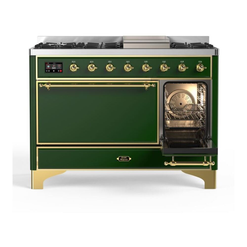 ILVE Majestic II 48 inch Solid Door Natural Gas Dual Fuel Range Brass Emerald Green