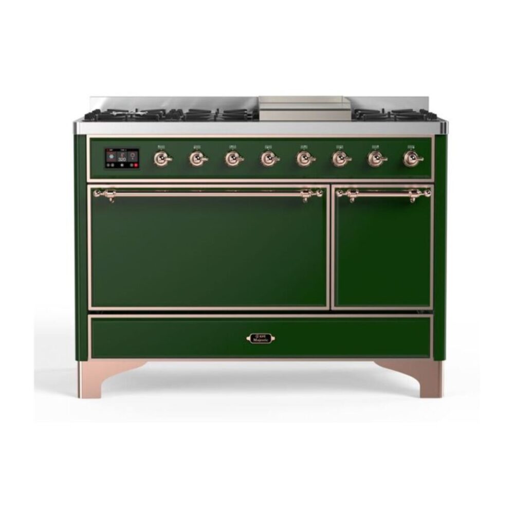 ILVE Majestic II 48" Emerald Green Dual Fuel Range with 8 Burners and Griddle Solid Door Natural Gas