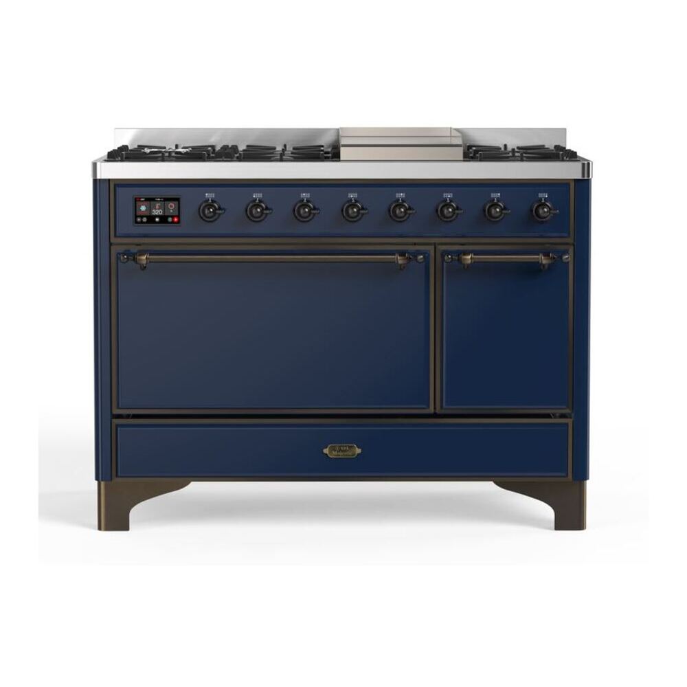 ILVE Majestic II 48" Midnight Blue Dual Fuel Range with 8 Burners and Griddle Solid Door Natural Gas