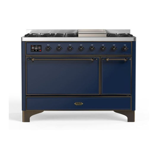 ILVE Majestic II 48" Midnight Blue Dual Fuel Range with 8 Burners and Griddle Solid Door Natural Gas