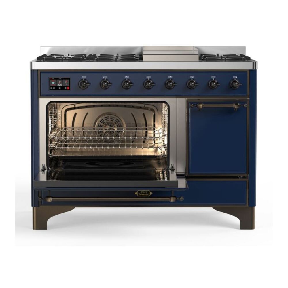 ILVE Majestic II 48 inch Solid Door Natural Gas Dual Fuel Range Burnished Midnight Blue