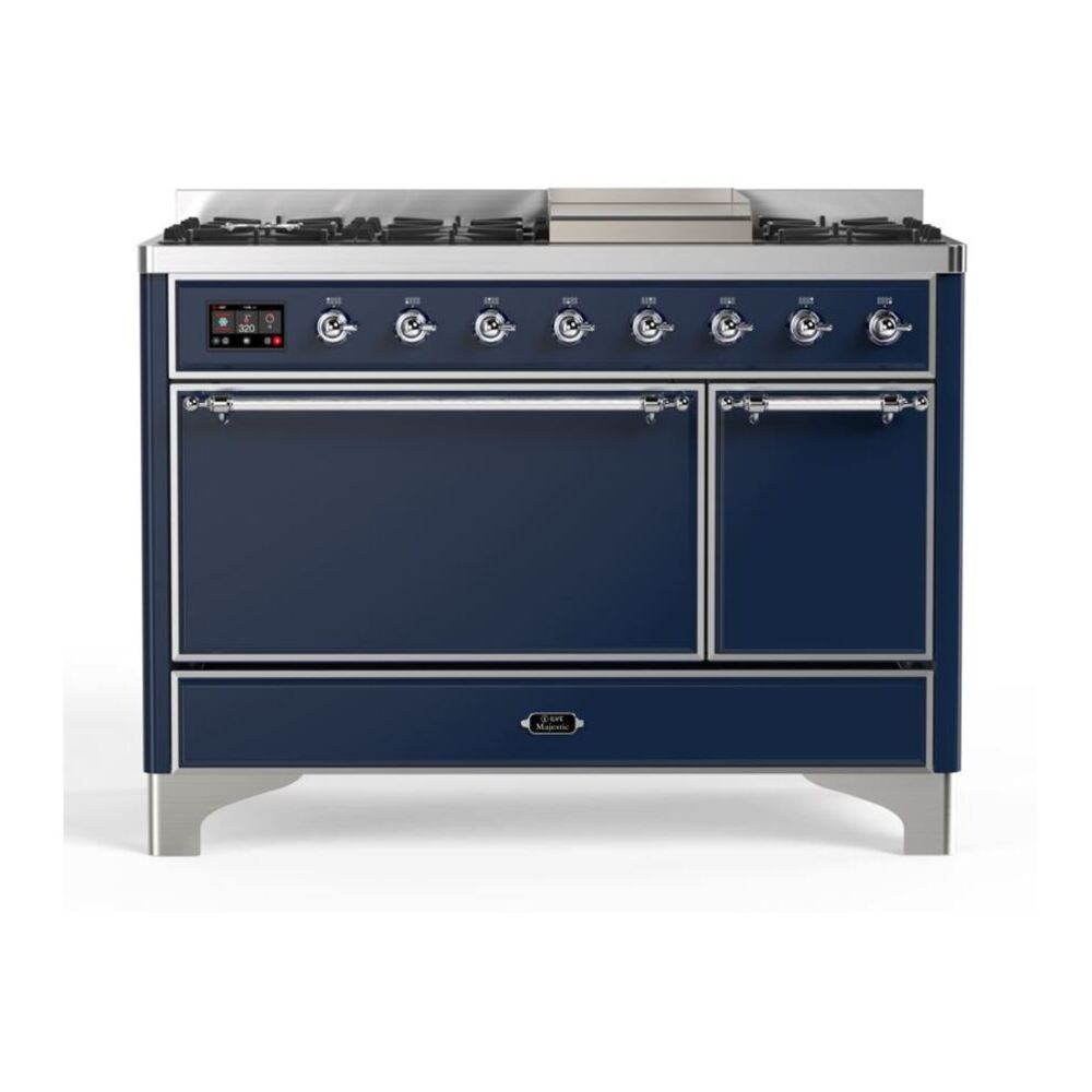 ILVE Majestic II 48" Midnight Blue Dual Fuel Range with 8 Burners and Griddle Solid Door Natural Gas