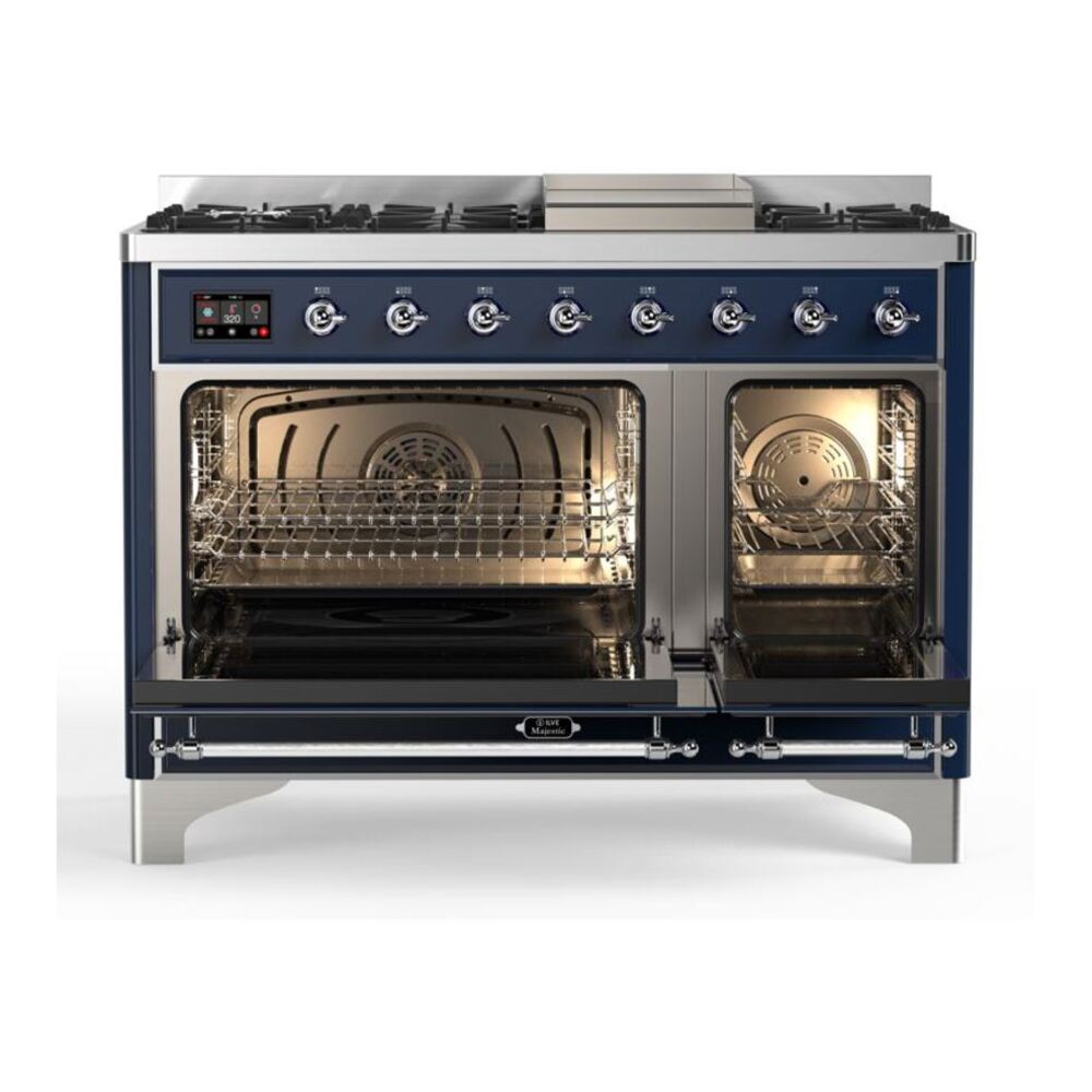 ILVE Majestic II 48 inch Solid Door Natural Gas Dual Fuel Range Chrome Midnight Blue