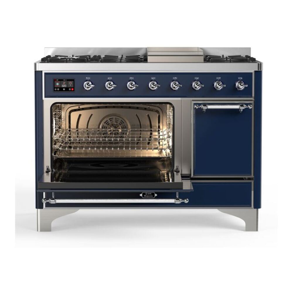 ILVE Majestic II 48 inch Solid Door Natural Gas Dual Fuel Range Chrome Midnight Blue