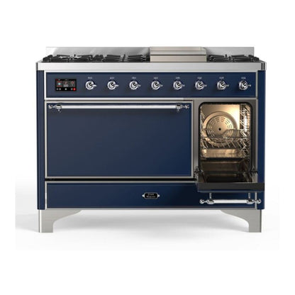ILVE Majestic II 48 inch Solid Door Natural Gas Dual Fuel Range Chrome Midnight Blue