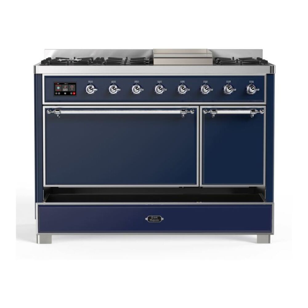 ILVE Majestic II 48 inch Solid Door Natural Gas Dual Fuel Range Chrome Midnight Blue