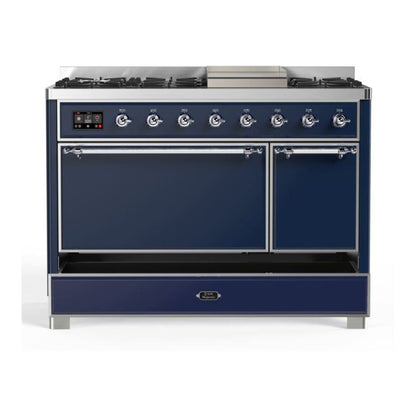ILVE Majestic II 48 inch Solid Door Natural Gas Dual Fuel Range Chrome Midnight Blue