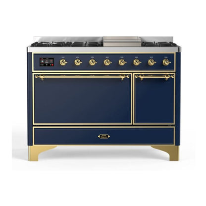 ILVE Majestic II 48 inch Solid Door Natural Gas Dual Fuel Range Brass Midnight Blue