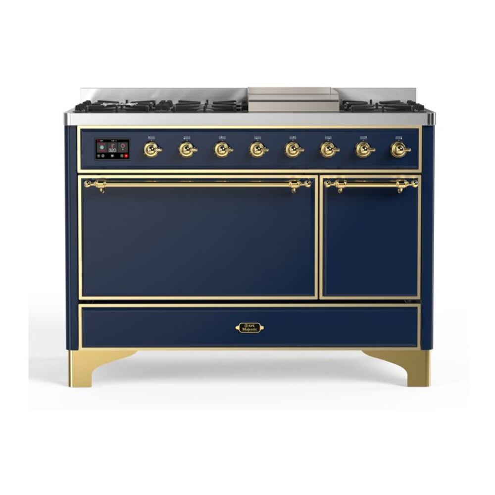 ILVE Majestic II 48" Midnight Blue Dual Fuel Range with 8 Burners and Griddle Solid Door Natural Gas