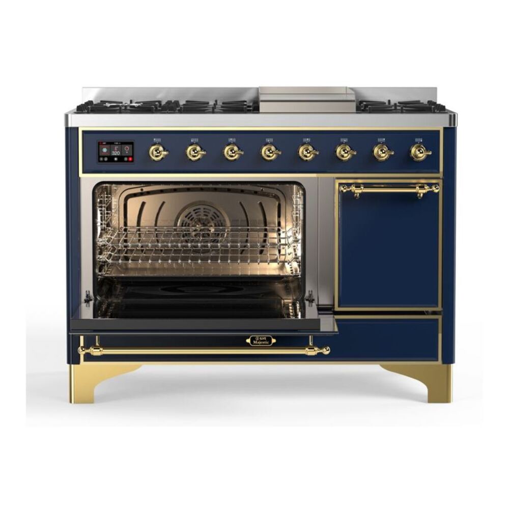 ILVE Majestic II 48 inch Solid Door Natural Gas Dual Fuel Range Brass Midnight Blue