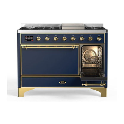 ILVE Majestic II 48 inch Solid Door Natural Gas Dual Fuel Range Brass Midnight Blue