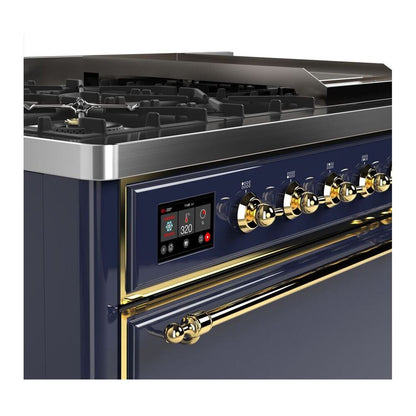 ILVE Majestic II 48 inch Solid Door Natural Gas Dual Fuel Range Brass Midnight Blue