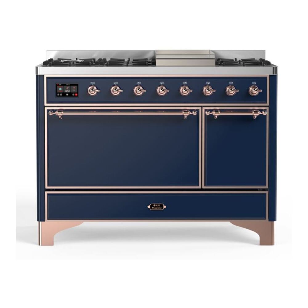ILVE Majestic II 48" Midnight Blue Dual Fuel Range with 8 Burners and Griddle Solid Door Natural Gas