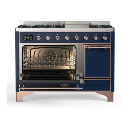 ILVE Majestic II 48 inch Solid Door Natural Gas Dual Fuel Range Copper Midnight Blue