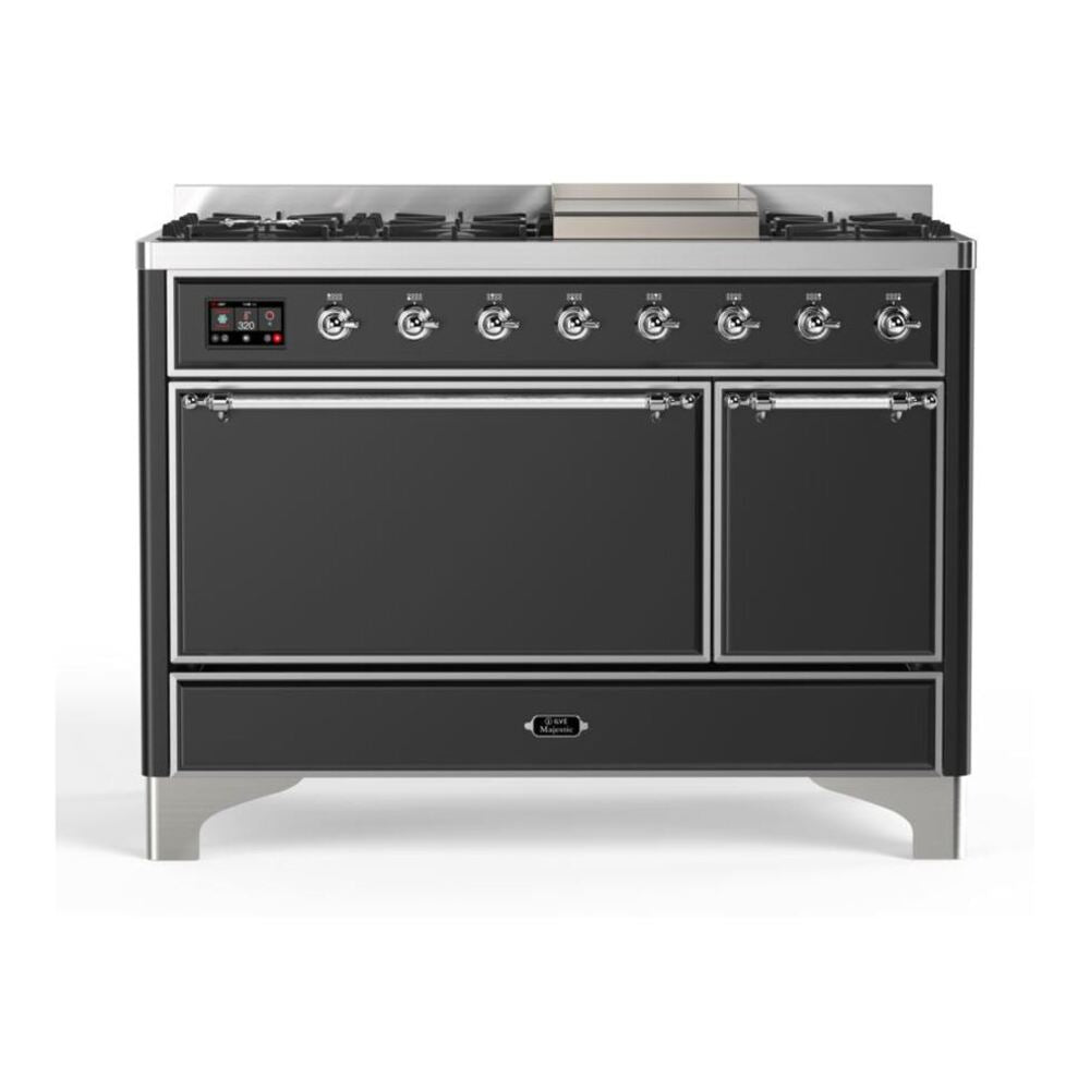 ILVE Majestic II 48" Graphite Matte Dual Fuel Range with 8 Burners and Griddle Solid Door Natural Gas