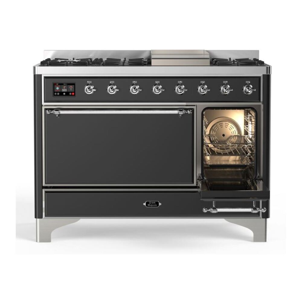ILVE Majestic II 48 inch Solid Door Natural Gas Dual Fuel Range Chrome Graphite Matte