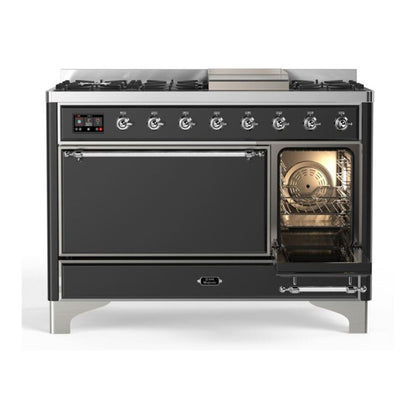 ILVE Majestic II 48 inch Solid Door Natural Gas Dual Fuel Range Chrome Graphite Matte