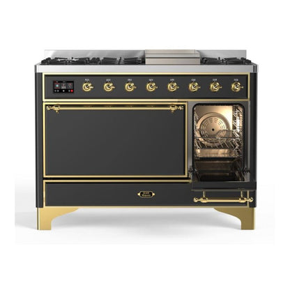 ILVE Majestic II 48 inch Solid Door Natural Gas Dual Fuel Range Brass Graphite Matte