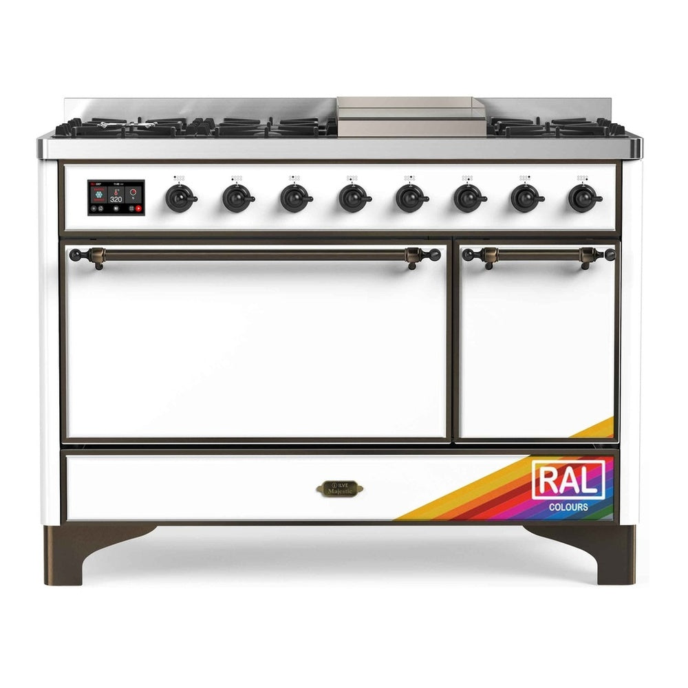 ILVE Majestic II 48" RAL Dual Fuel Range with 8 Burners and Griddle Solid Door Natural Gas