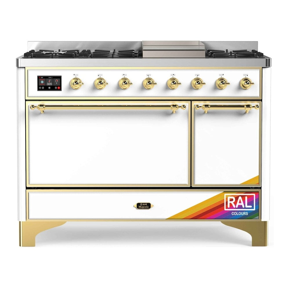 ILVE Majestic II 48" RAL Dual Fuel Range with 8 Burners and Griddle Solid Door Natural Gas