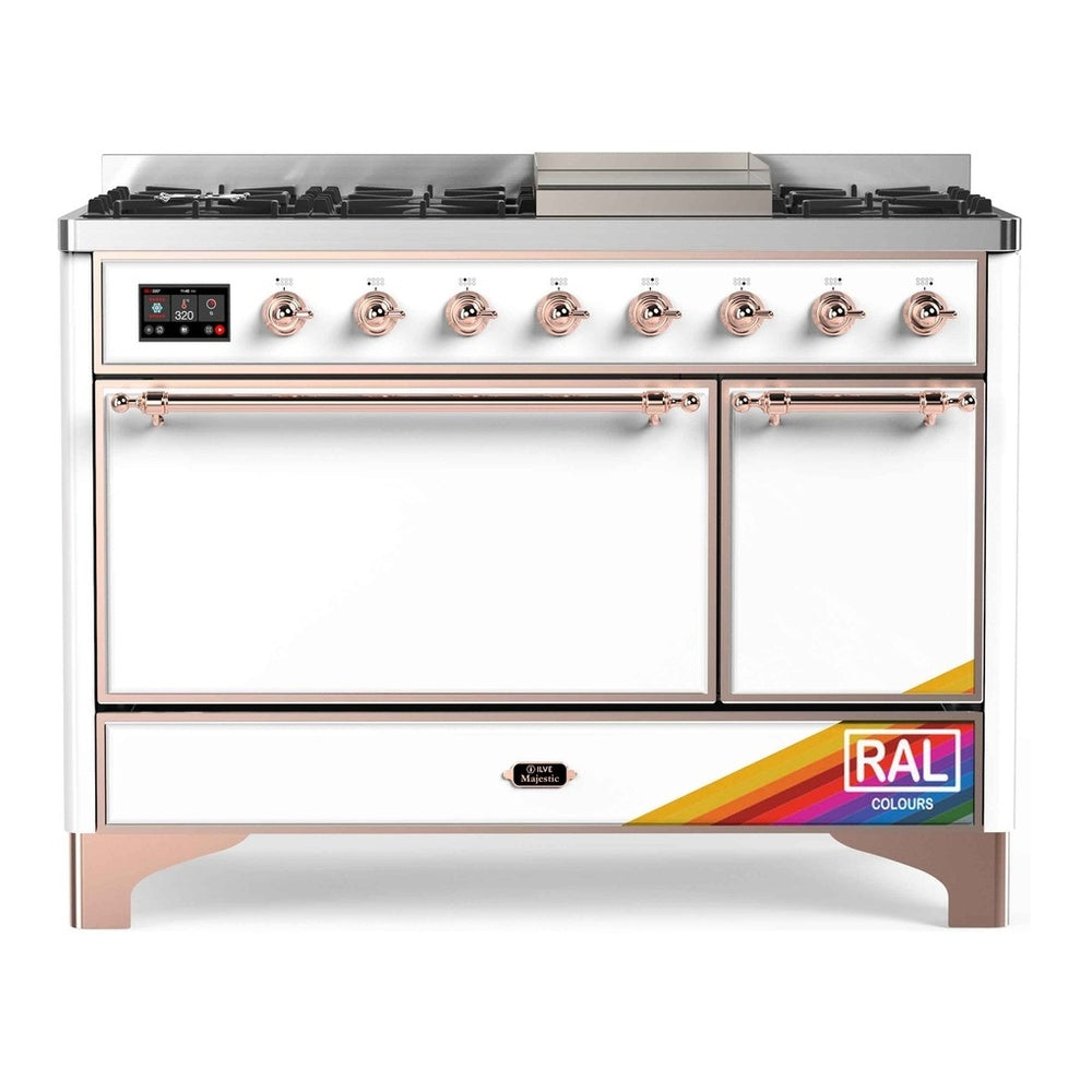 ILVE Majestic II 48" RAL Dual Fuel Range with 8 Burners and Griddle Solid Door Natural Gas