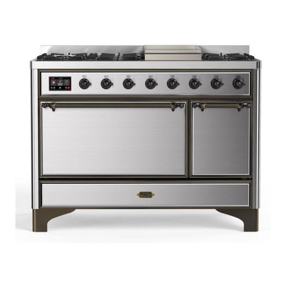 ILVE Majestic II 48 inch Solid Door Natural Gas Dual Fuel Range Burnished Stainless Steel