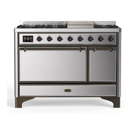 ILVE Majestic II 48" Stainless Steel Dual Fuel Range with 8 Burners and Griddle Solid Door Natural Gas