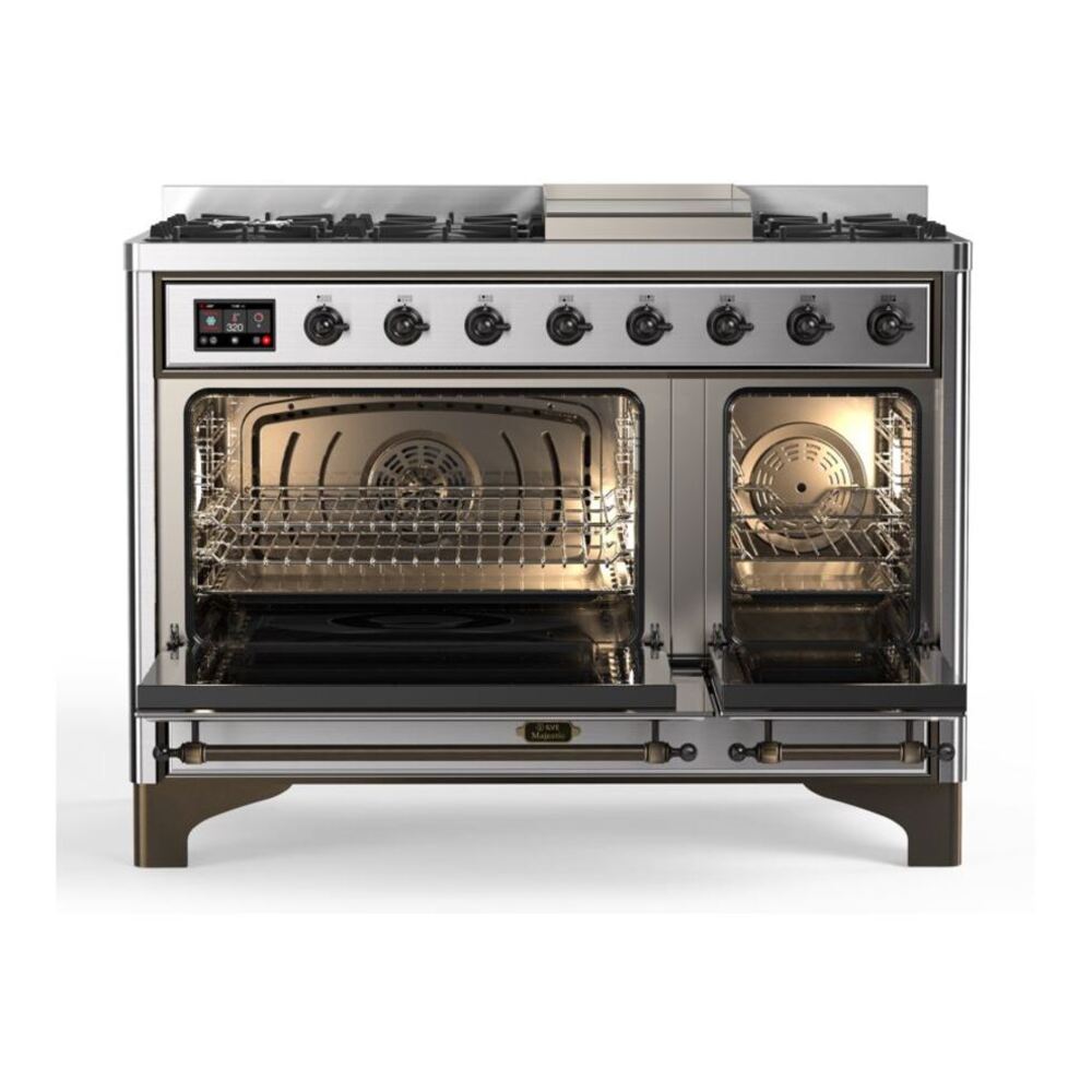 ILVE Majestic II 48 inch Solid Door Natural Gas Dual Fuel Range Burnished Stainless Steel