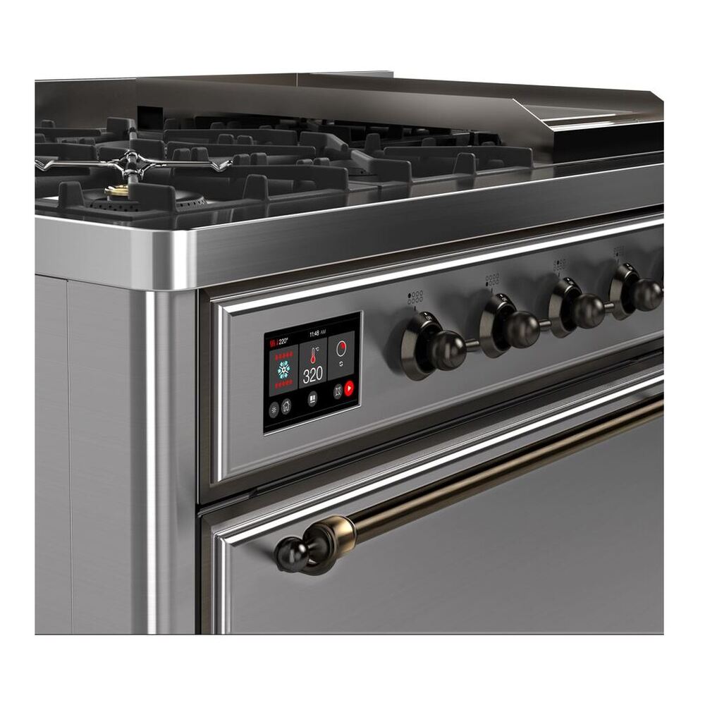 ILVE Majestic II 48 inch Solid Door Natural Gas Dual Fuel Range Burnished Stainless Steel
