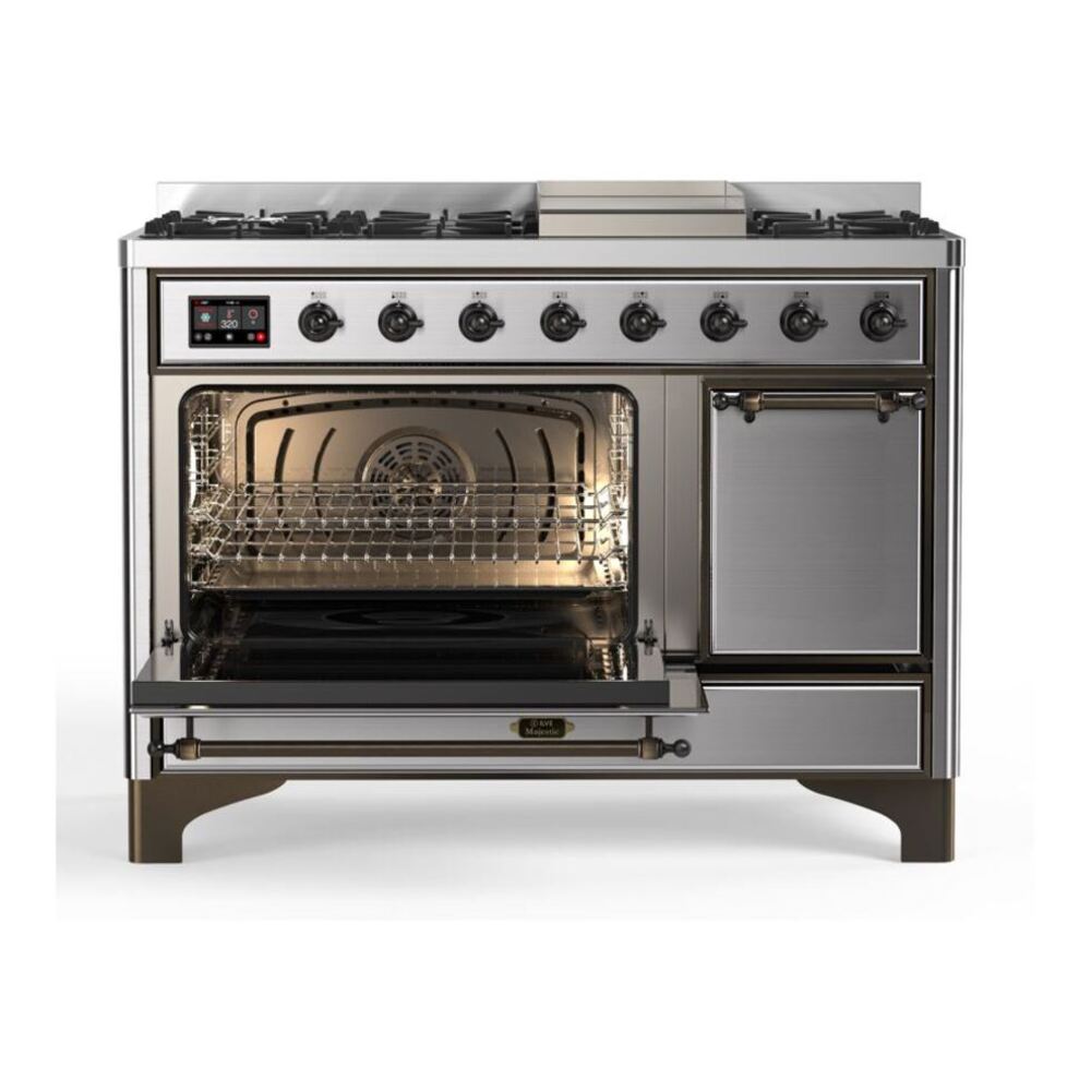 ILVE Majestic II 48 inch Solid Door Natural Gas Dual Fuel Range Burnished Stainless Steel