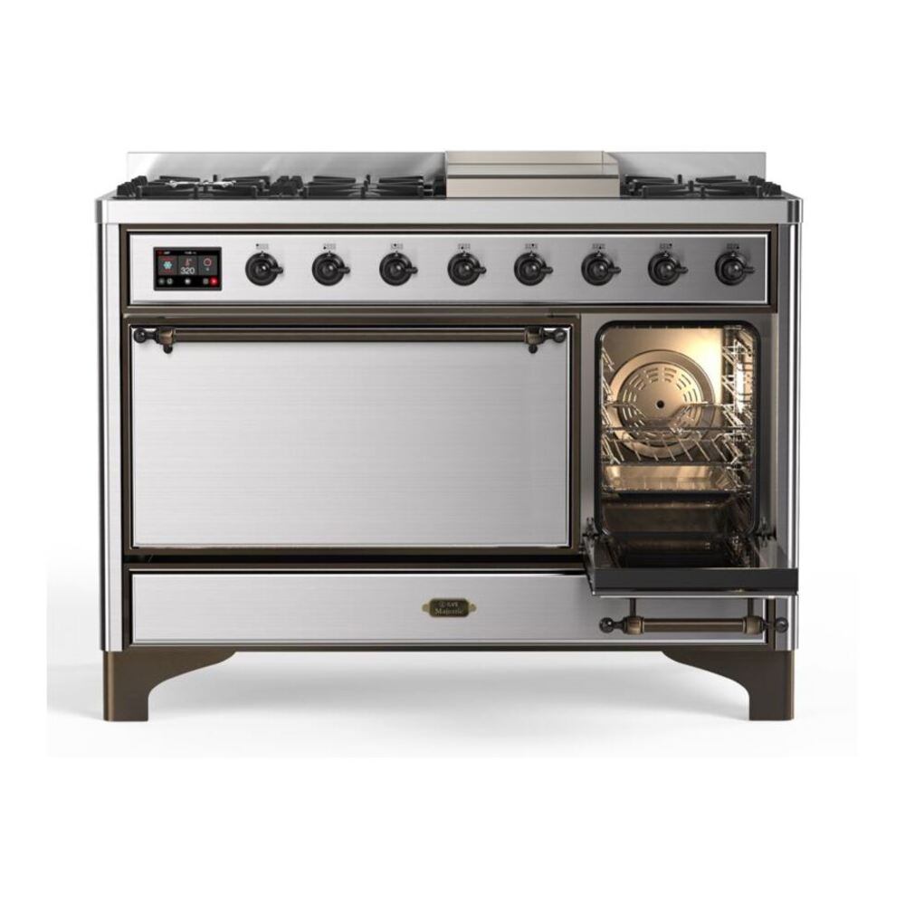 ILVE Majestic II 48 inch Solid Door Natural Gas Dual Fuel Range Burnished Stainless Steel
