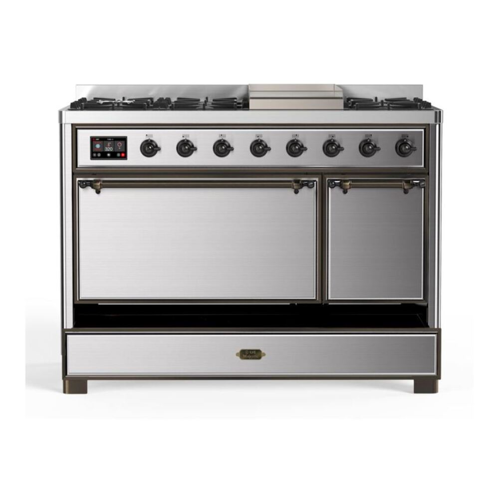 ILVE Majestic II 48 inch Solid Door Natural Gas Dual Fuel Range Burnished Stainless Steel