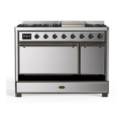 ILVE Majestic II 48 inch Solid Door Natural Gas Dual Fuel Range Burnished Stainless Steel