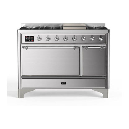 ILVE Majestic II 48 inch Solid Door Natural Gas Dual Fuel Range Chrome Stainless Steel